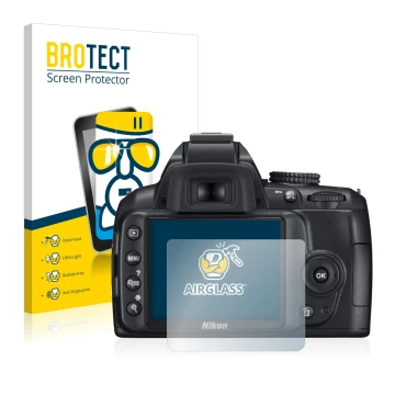 Front side of a product packaging with the brand logo BROTECT. Next to it is the device Nikon D3000 shown with the correspondi