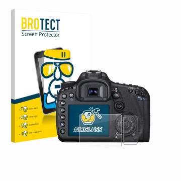 Front side of a product packaging with the brand logo BROTECT. Next to it is the device Canon EOS 7D shown with the correspond