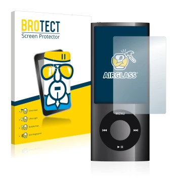 Front side of a product packaging with the brand logo BROTECT. Next to it is the device Apple iPod nano 2009 (5th. Gen.) shown