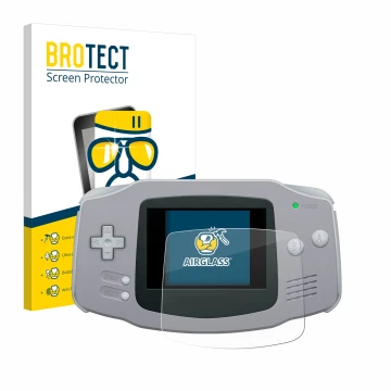 Front side of a product packaging with the brand logo BROTECT. Next to it is the device Nintendo Gameboy Advance GBA shown wit