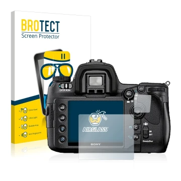 Front side of a product packaging with the brand logo BROTECT. Next to it is the device Sony Alpha 850 (DSLR-A850) shown with 