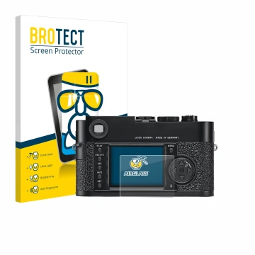 Front side of a product packaging with the brand logo BROTECT. Next to it is the device Leica M9 shown with the corresponding 