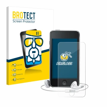 Front side of a product packaging with the brand logo BROTECT. Next to it is the device Apple iPod Touch (3rd Gen.) shown with