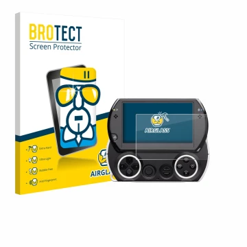 Front side of a product packaging with the brand logo BROTECT. Next to it is the device Sony PSP Go shown with the correspondi