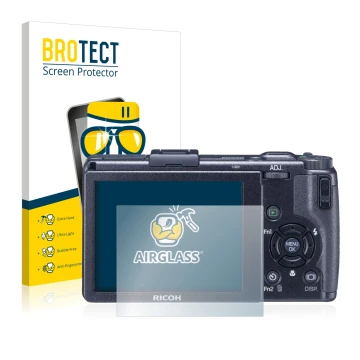 Front side of a product packaging with the brand logo BROTECT. Next to it is the device Ricoh GR Digital III (2009-2011) shown