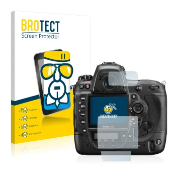 Front side of a product packaging with the brand logo BROTECT. Next to it is the device Nikon D3S shown with the corresponding