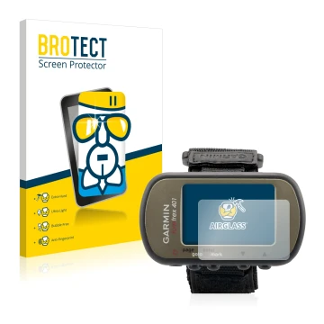 Front side of a product packaging with the brand logo BROTECT. Next to it is the device Garmin Foretrex 401 shown with the cor