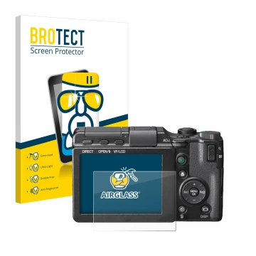 Front side of a product packaging with the brand logo BROTECT. Next to it is the device Ricoh GXR shown with the corresponding