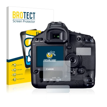 Front side of a product packaging with the brand logo BROTECT. Next to it is the device Canon EOS 1D Mark IV shown with the co