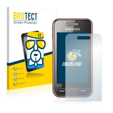Front side of a product packaging with the brand logo BROTECT. Next to it is the device Samsung GT-S5230 shown with the corres