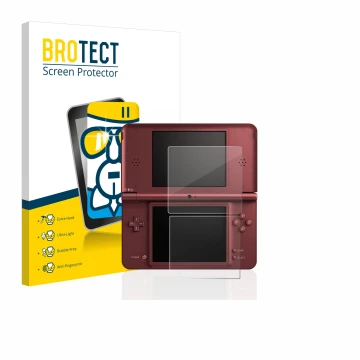 Front side of a product packaging with the brand logo BROTECT. Next to it is the device Nintendo DSi XL shown with the corresp