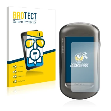 Front side of a product packaging with the brand logo BROTECT. Next to it is the device Garmin Oregon 450 shown with the corre