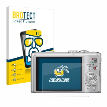 Front side of a product packaging with the brand logo BROTECT. Next to it is the device Panasonic Lumix DMC-TZ10 shown with th