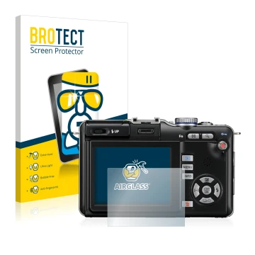 Front side of a product packaging with the brand logo BROTECT. Next to it is the device Olympus PEN E-PL1 shown with the corre