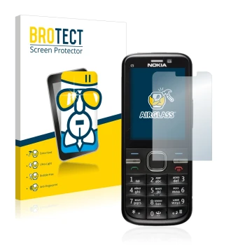 Front side of a product packaging with the brand logo BROTECT. Next to it is the device Nokia C5-00 shown with the correspondi