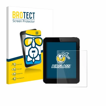 Front side of a product packaging with the brand logo BROTECT. Next to it is the device shown with the corresponding screen pr