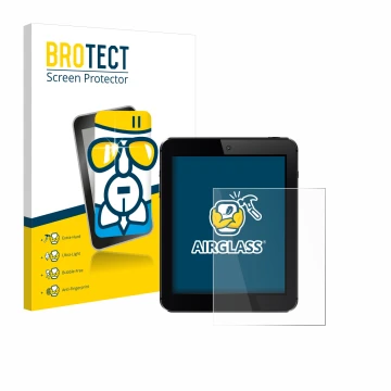 Front side of a product packaging with the brand logo BROTECT. Next to it is the device shown with the corresponding screen pr