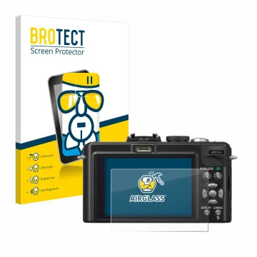 Front side of a product packaging with the brand logo BROTECT. Next to it is the device Panasonic Lumix DMC-LX5 shown with the