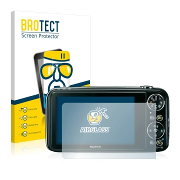 Front side of a product packaging with the brand logo BROTECT. Next to it is the device Fujifilm FinePix Real 3D W3 shown with