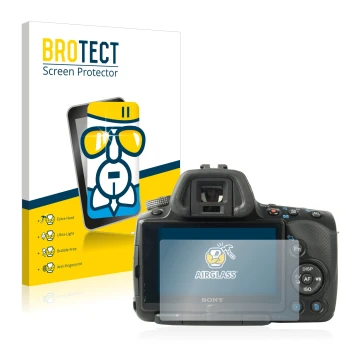 Front side of a product packaging with the brand logo BROTECT. Next to it is the device Sony Alpha 55 (SLT-A55V) shown with th