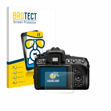 Front side of a product packaging with the brand logo BROTECT. Next to it is the device Sony Alpha 580 (DSLR-A580) shown with 
