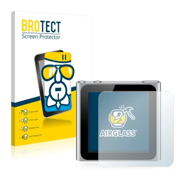 Front side of a product packaging with the brand logo BROTECT. Next to it is the device Apple iPod nano 2010 (6th. Gen.) shown