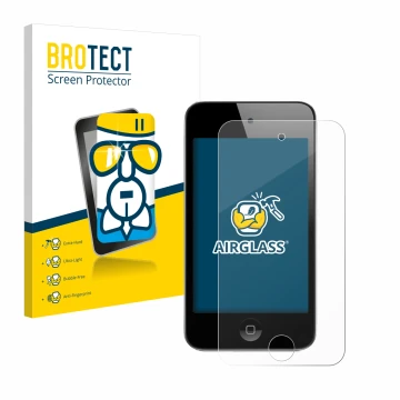 Front side of a product packaging with the brand logo BROTECT. Next to it is the device Apple iPod Touch (4th Gen.) shown with