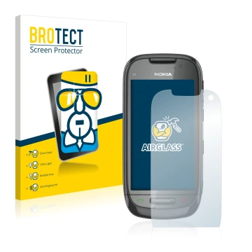 Front side of a product packaging with the brand logo BROTECT. Next to it is the device Nokia C7-00 shown with the correspondi