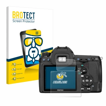 Front side of a product packaging with the brand logo BROTECT. Next to it is the device Pentax K5, K-5 shown with the correspo