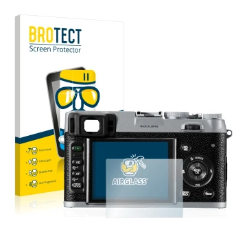 Front side of a product packaging with the brand logo BROTECT. Next to it is the device Fujifilm FinePix X100 shown with the c