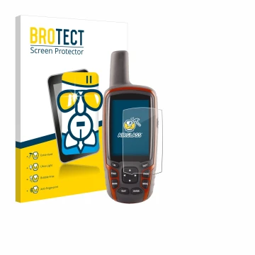 Front side of a product packaging with the brand logo BROTECT. Next to it is the device Garmin GPSMAP 62s shown with the corre