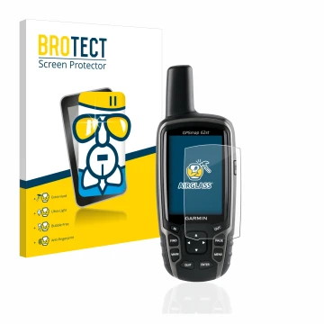 Front side of a product packaging with the brand logo BROTECT. Next to it is the device Garmin GPSMAP 62st shown with the corr