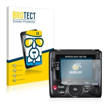 Front side of a product packaging with the brand logo BROTECT. Next to it is the device Nikon SB-700 shown with the correspond