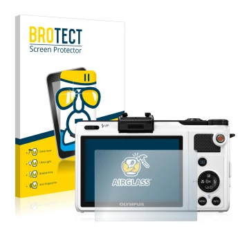 Front side of a product packaging with the brand logo BROTECT. Next to it is the device Olympus XZ-1 shown with the correspond