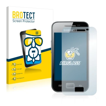 Front side of a product packaging with the brand logo BROTECT. Next to it is the device Samsung Galaxy Ace S5830 shown with th