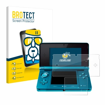 Front side of a product packaging with the brand logo BROTECT. Next to it is the device Nintendo 3DS shown with the correspond