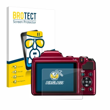 Front side of a product packaging with the brand logo BROTECT. Next to it is the device Nikon Coolpix L120 shown with the corr