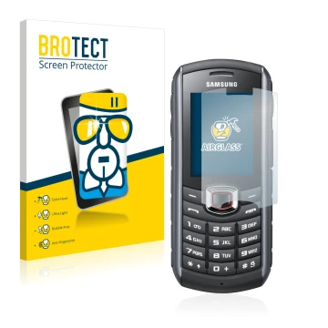 Front side of a product packaging with the brand logo BROTECT. Next to it is the device Samsung GT-B2710 shown with the corres