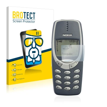 Front side of a product packaging with the brand logo BROTECT. Next to it is the device Nokia 3310 2011 shown with the corresp