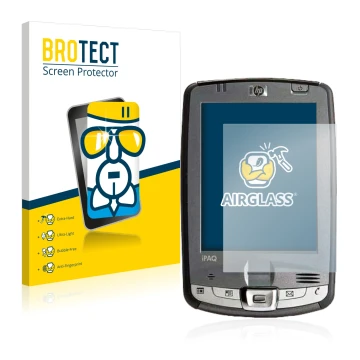 Front side of a product packaging with the brand logo BROTECT. Next to it is the device HP iPAQ hx2110 shown with the correspo
