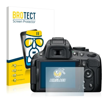 Front side of a product packaging with the brand logo BROTECT. Next to it is the device Nikon D5100 shown with the correspondi