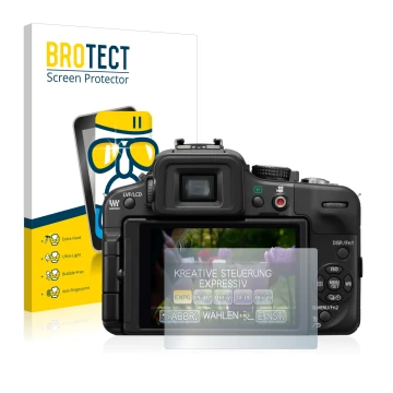 Front side of a product packaging with the brand logo BROTECT. Next to it is the device Panasonic Lumix DMC-G3 shown with the 