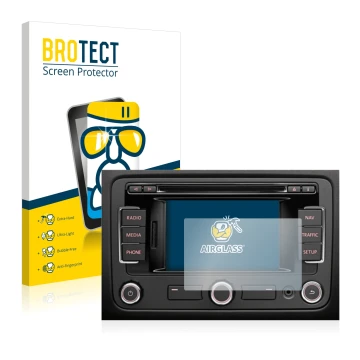 Front side of a product packaging with the brand logo BROTECT. Next to it is the device Volkswagen Passat B7 2010-2015 RNS 315