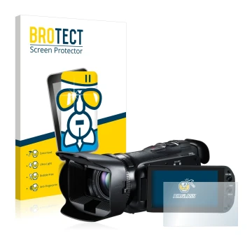 Front side of a product packaging with the brand logo BROTECT. Next to it is the device Canon Legria HF G10 shown with the cor