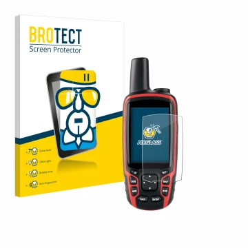 Front side of a product packaging with the brand logo BROTECT. Next to it is the device Garmin Astro 320 shown with the corres