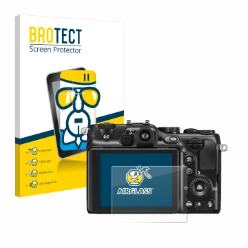 Front side of a product packaging with the brand logo BROTECT. Next to it is the device Nikon Coolpix P7100 shown with the cor