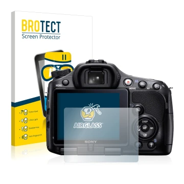 Front side of a product packaging with the brand logo BROTECT. Next to it is the device Sony Alpha 65V (SLT-A65V) shown with t