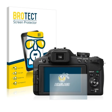 Front side of a product packaging with the brand logo BROTECT. Next to it is the device Panasonic Lumix DMC-FZ150 shown with t