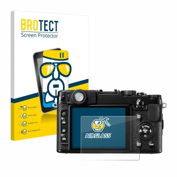 Front side of a product packaging with the brand logo BROTECT. Next to it is the device Fujifilm FinePix X10 shown with the co