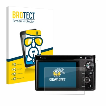 Front side of a product packaging with the brand logo BROTECT. Next to it is the device Nikon 1 J1 shown with the correspondin